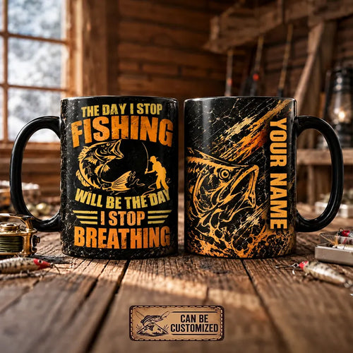 Personalized The Day I Stop Fishing Black Mug