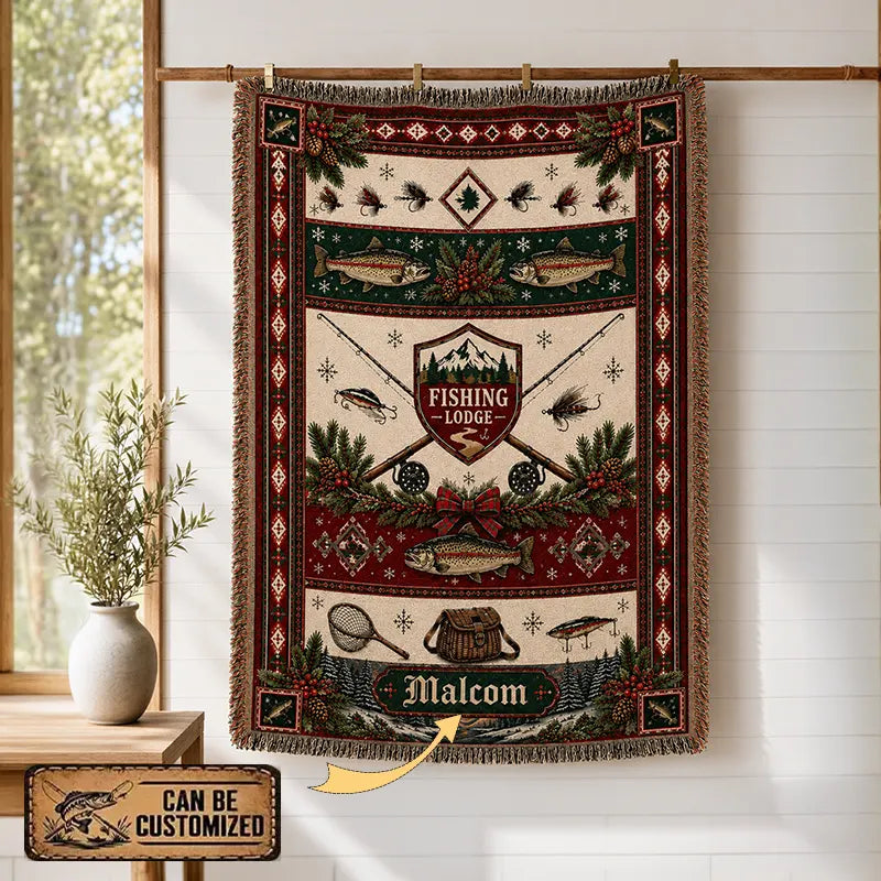 Personalized Fishing Lodge Trout Fishing Tassels Blanket