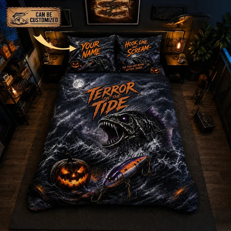 Personalized Terror on the Tide Halloween Fishing Quilted Bedding Set