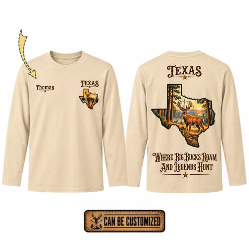 Personalized Texas Big Buck Hunting Long Sleeve Shirt