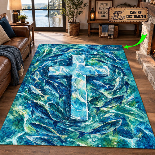 Personalized Savior Cross Ocean Fish Christian Rug