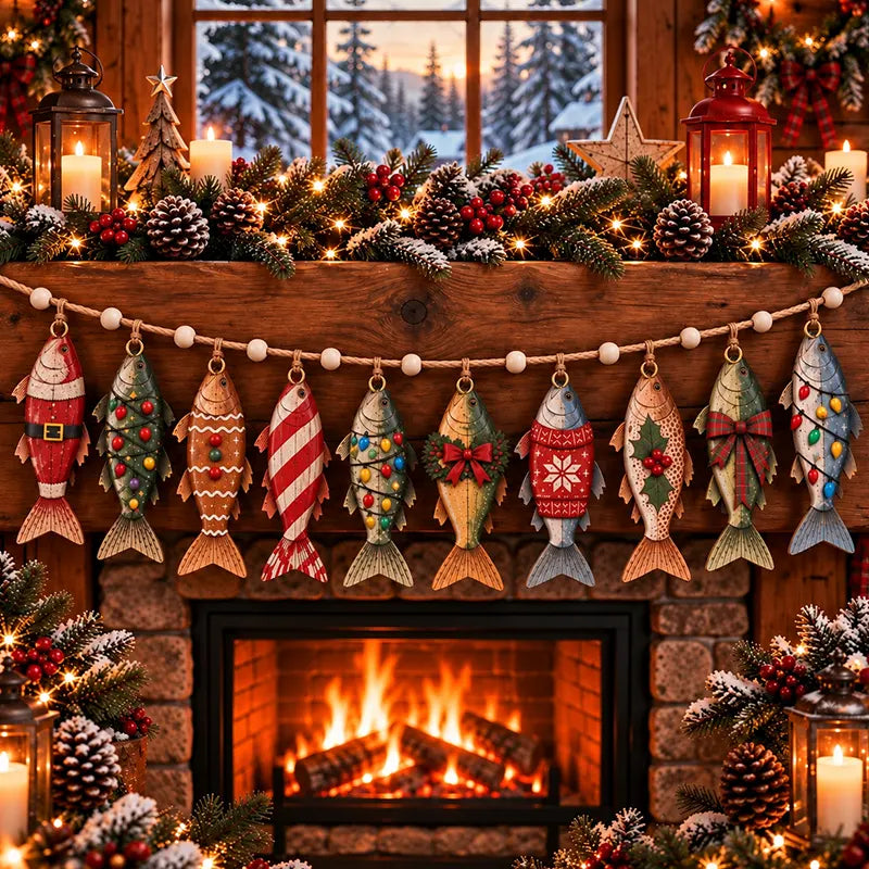 Vintage Christmas Fish Wooden Garland