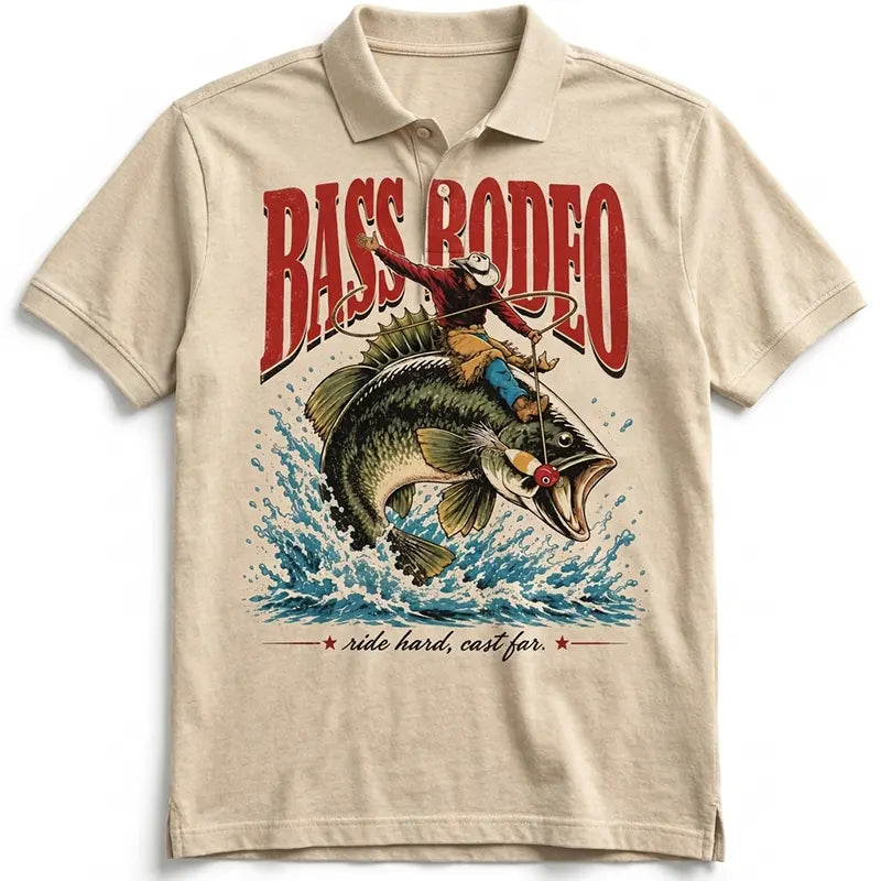 Bass Rodeo Cowboy Fishing Vintage Polo Shirt