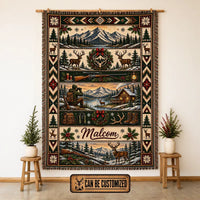 Personalized Hunting Deer Cabin Rifle Wilderness Tassels Blanket