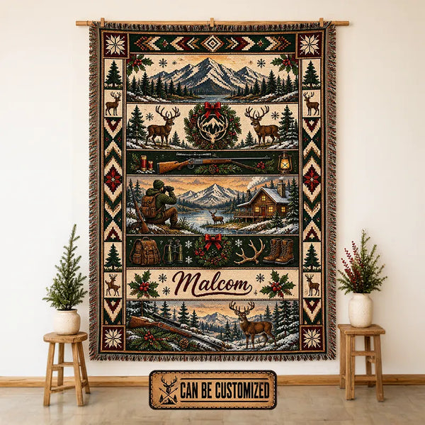 Personalized Hunting Deer Cabin Rifle Wilderness Tassels Blanket