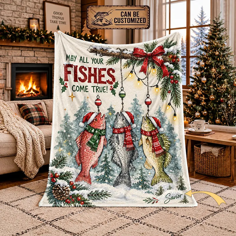 May All Your Fishes Come True Christmas Fishing Fleece Blanket