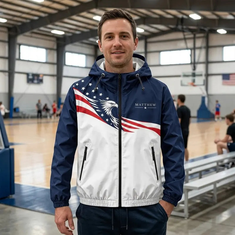 Personalized Land Of Opportunity Bald Eagle American Flag Windbreaker Jacket