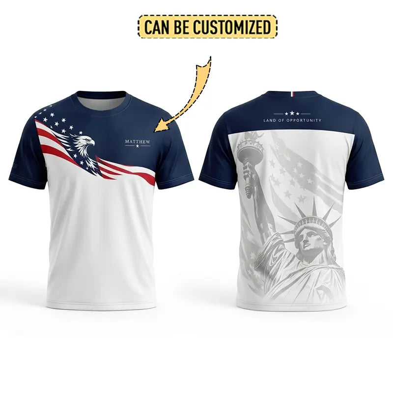 Personalized Land Of Opportunity Bald Eagle American Flag T-Shirt