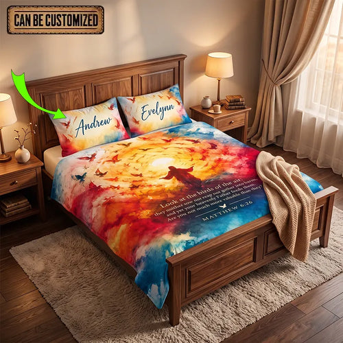 Matthew 6:26 Christian Birds Watercolor Quilt Bedding Set