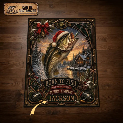 Personalized Christmas Bass Fishing Merry Fishmas Vintage Rug