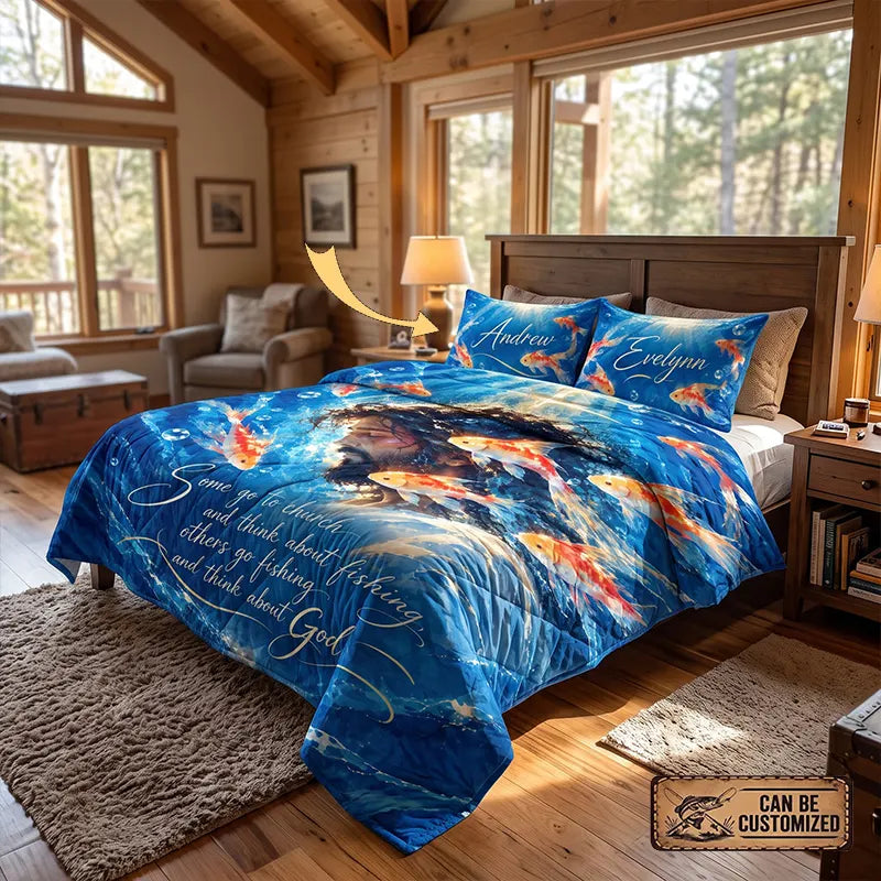 Christian Fishing Jesus Personalized Couple Quilt Bedding Set