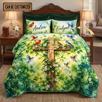 Personalized Christian Cross Birds Watercolor Quilt Bedding Set