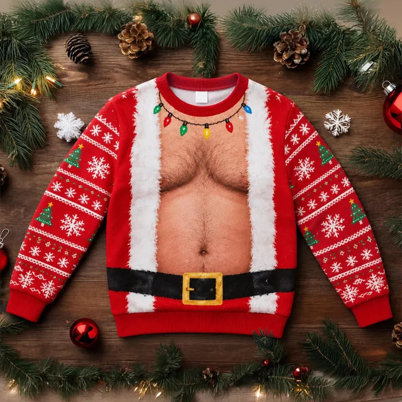 Santa Hairy Belly Funny 3D Ugly Christmas Sweater