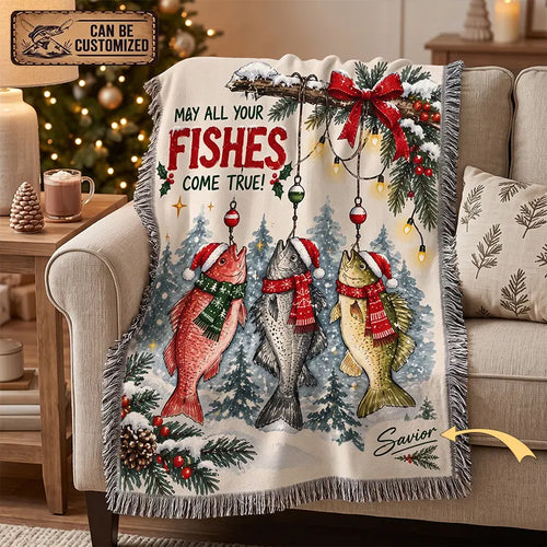 May All Your Fishes Come True Christmas Fishing Tassels Blanket