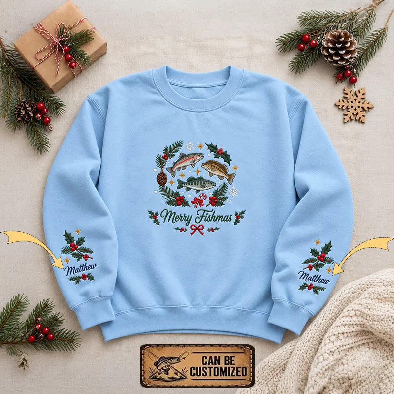 Merry Fishmas Personalized Christmas Fishing Sweater - Print & Embroidery