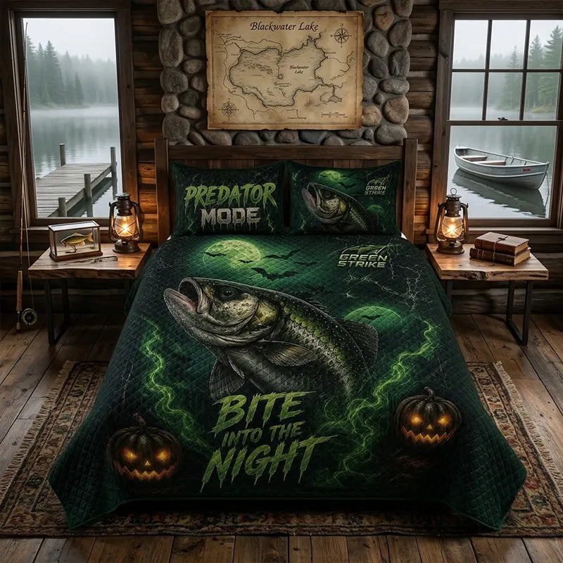 Bite Into the Night Halloween Bass Fishing Quilted Bedding Set