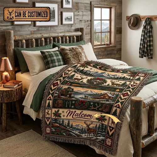 Personalized Hunting Deer Cabin Rifle Wilderness Tassels Blanket
