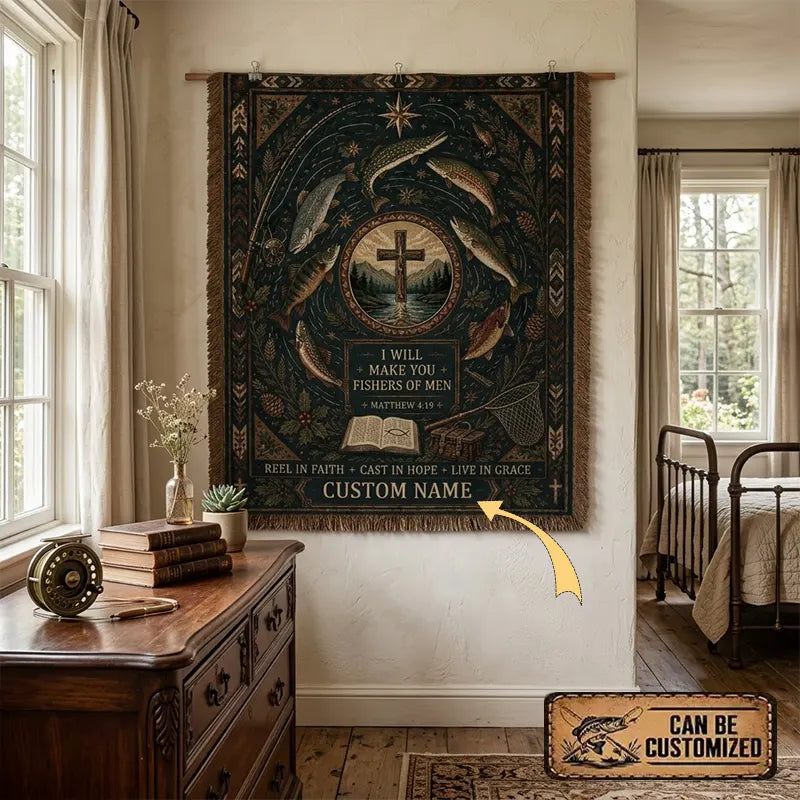 Personalized Trout Fishing Faith Matthew 4:19 Tassels Blanket