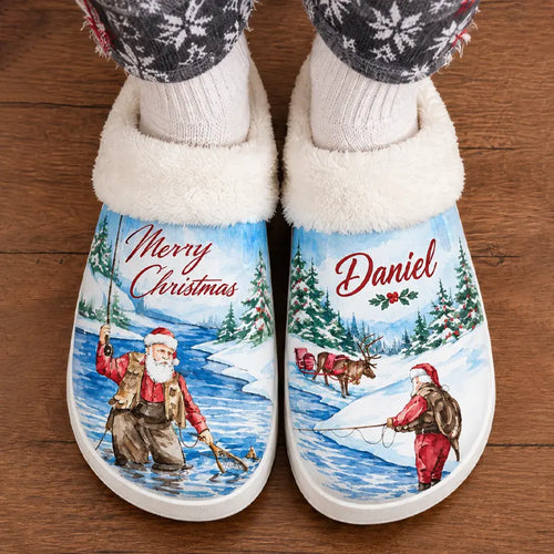 Personalized Christmas Fishing Santa & Reindeer Faux Fur Slippers