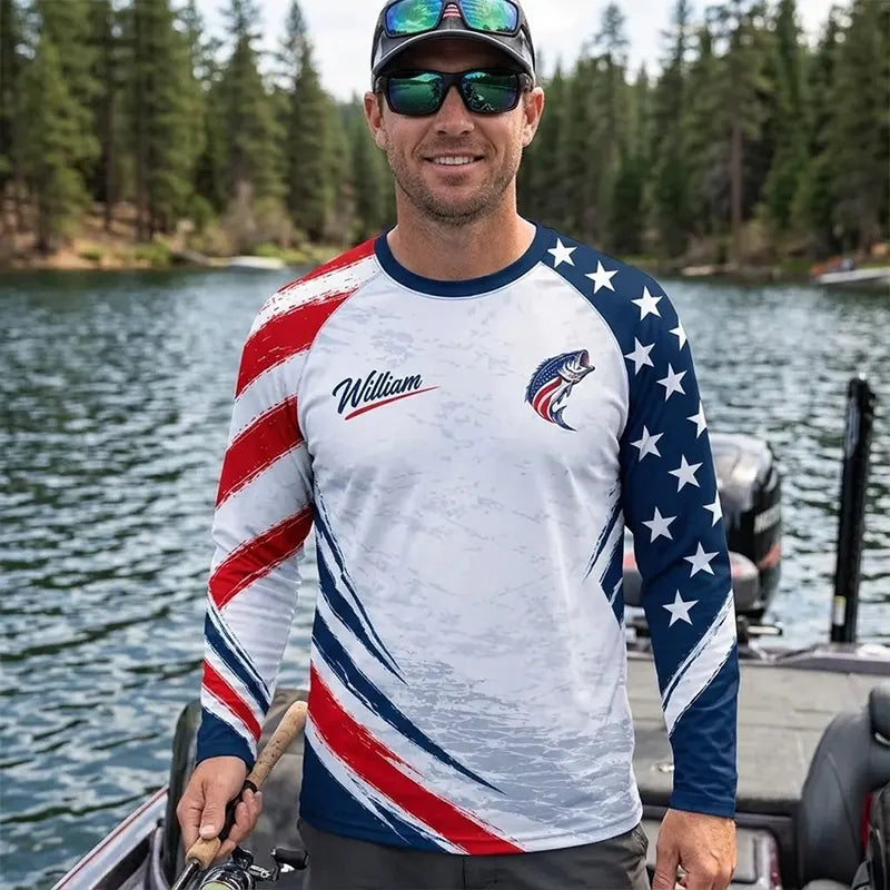 Custom American Bass Fishing Patriotic Long Sleeve Shirt