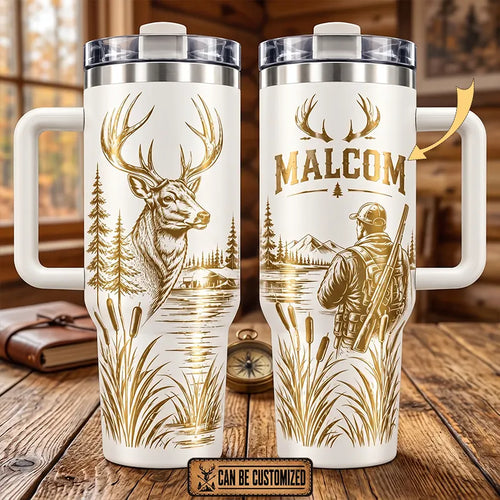 Whitetail Deer Hunting Laser Engraved 40oz Tumbler With Handle