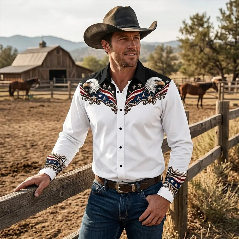 Personalized Western Bald Eagle American Flag Cowboy Western Shirt