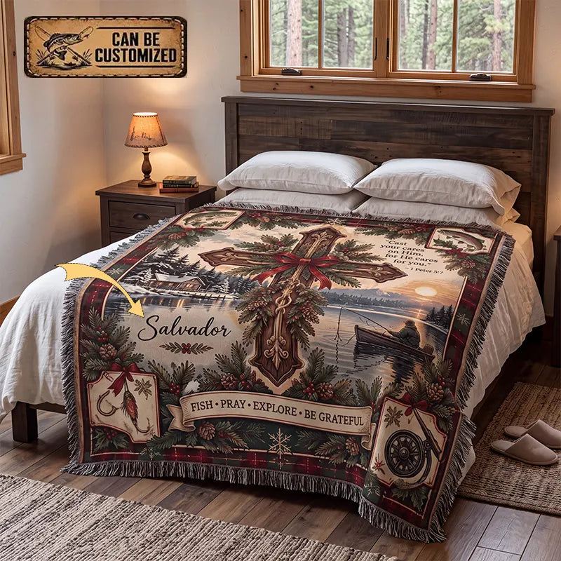 Cast Your Cares On Him Fishing Faith Tassels Blanket