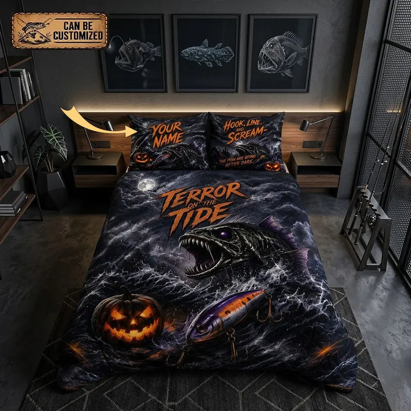 Personalized Terror on the Tide Halloween Fishing Quilted Bedding Set