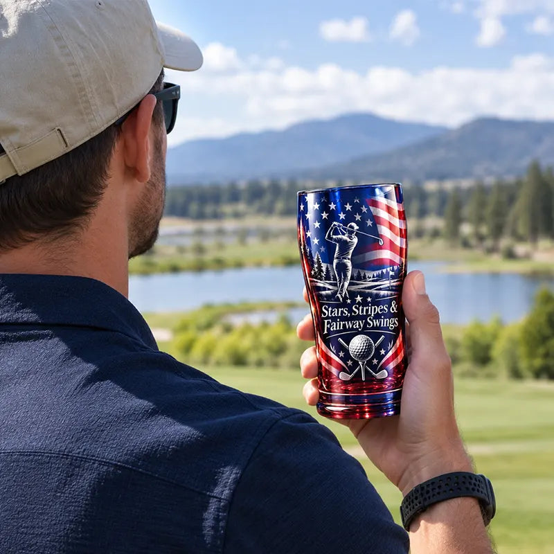 Personalized Stars Stripes & Fairway Swings Patriotic Golf Drinking Glass