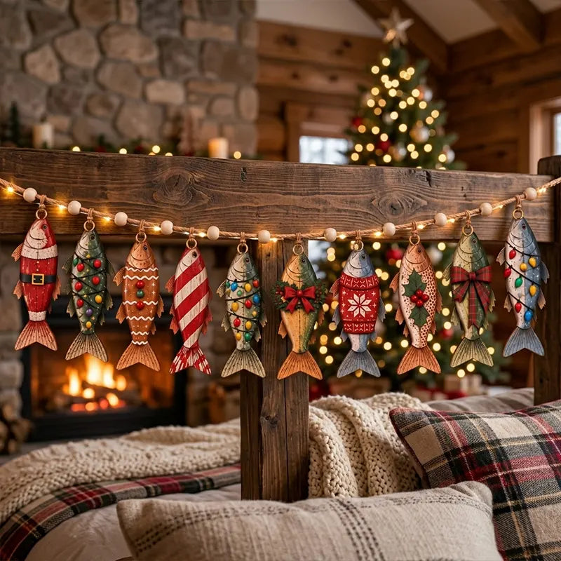 Vintage Christmas Fish Wooden Garland