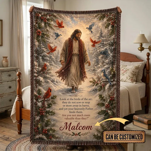 Personalized Jesus Look at the Birds of the Air Tassels Blanket