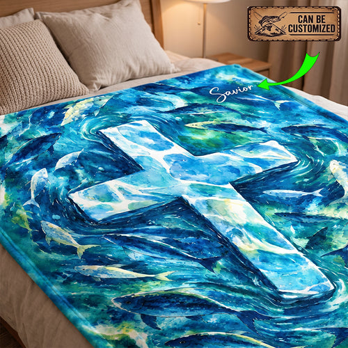 Personalized Savior Cross Ocean Fish Christian Fleece Blanket