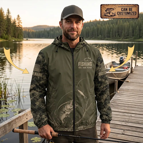 Personalized Fishing Reel Hook Repeat Digital Camo Windbreaker Jacket