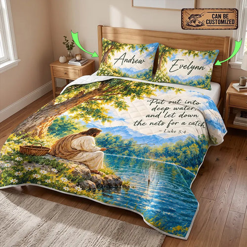 Jesus Fishing Luke 5:4 Christian Quilt Bedding Set