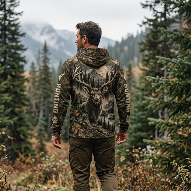 Real Tree Camo Elk Hunting Graphic Hooded Long Sleeve Shirt