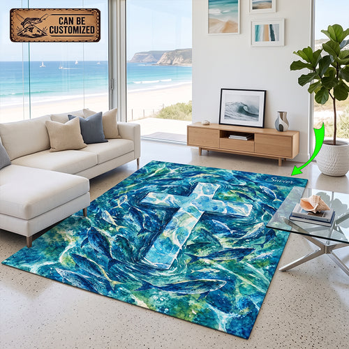 Personalized Savior Cross Ocean Fish Christian Rug