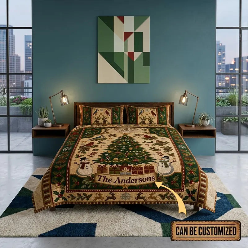 Personalized Christmas Birds Rustic Country Quilted Bedding Set
