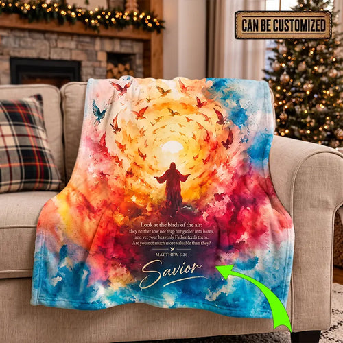Personalized Matthew 6:26 Christian Birds Watercolor Fleece Blanket