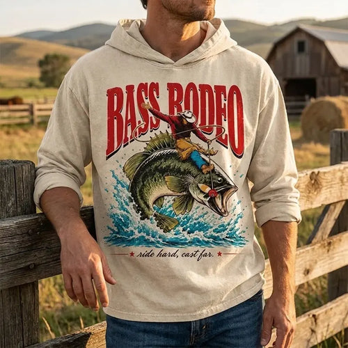 Bass Rodeo Cowboy Fishing Vintage Hooded Long Sleeve Shirt