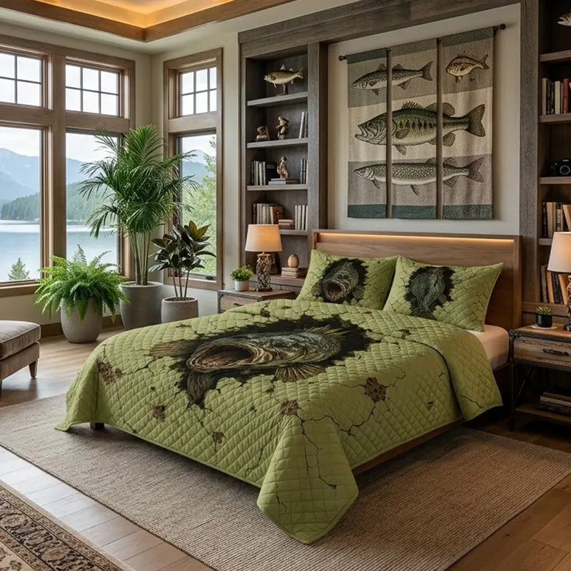 Largemouth Bass Breaking Through Quilt Bedding Set