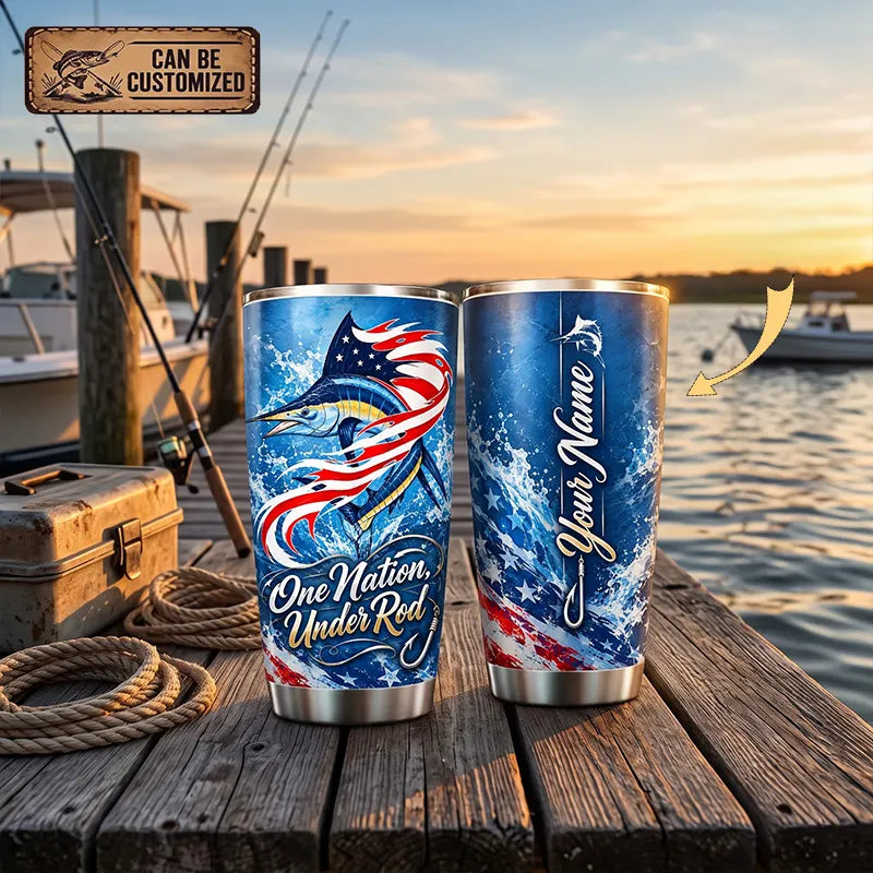 Custom Patriotic Marlin One Nation Under Rod Personalized 20oz Tumbler