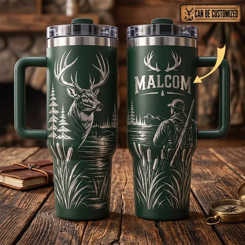 Whitetail Deer Hunting Laser Engraved 40oz Tumbler With Handle