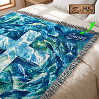 Personalized Catholic Cross Ocean Fish Woven Tassels Blanket
