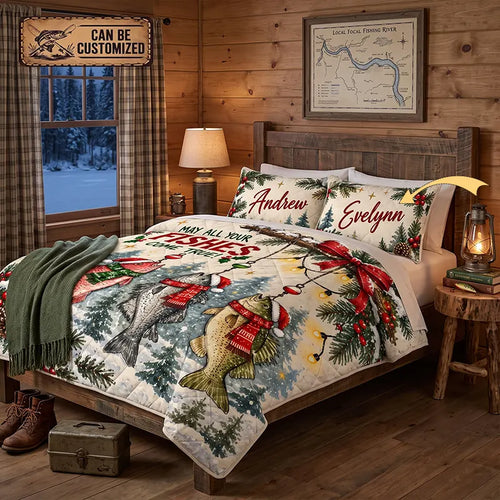 May All Your Fishes Come True Christmas Fishing Quilt Bedding Set