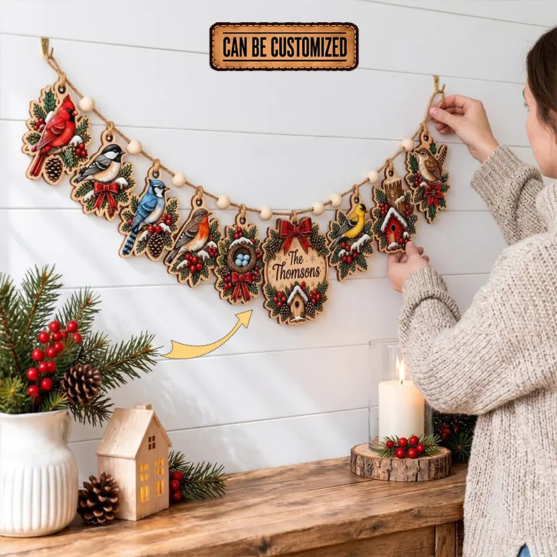 Personalized Winter Bird Christmas Wooden Garland