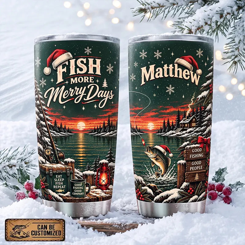 Fish More Merry Days Christmas Fishing 20oz Stainless Steel Tumbler