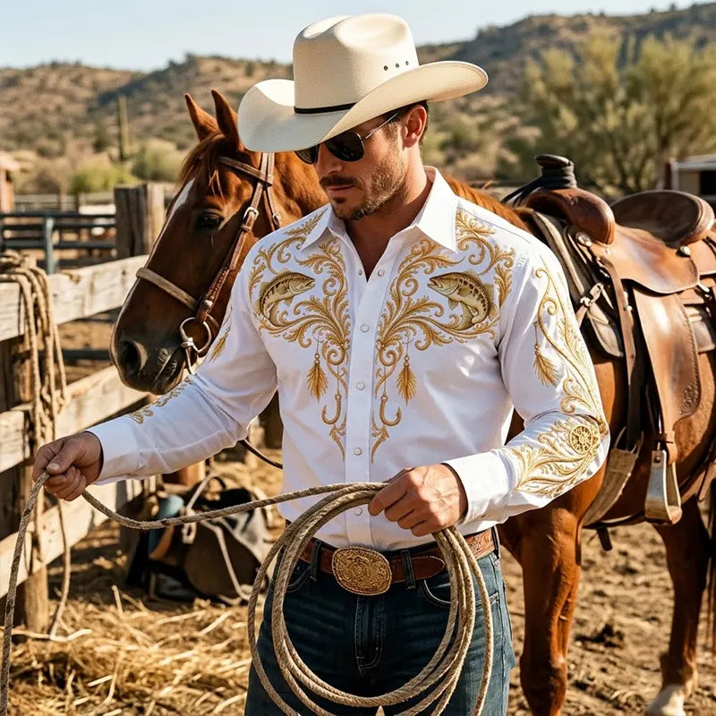 Reel Cowboy Gold Bass Fishing Western Shirt