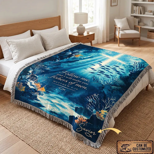 Personalized Matthew 4:19 Christian Fishing Ocean Tassels Blanket