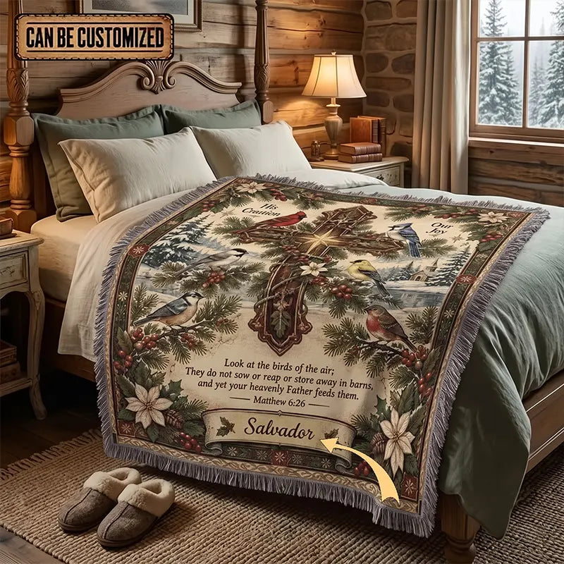 His Creation Our Joy Christmas Birds Cross Tassels Blanket