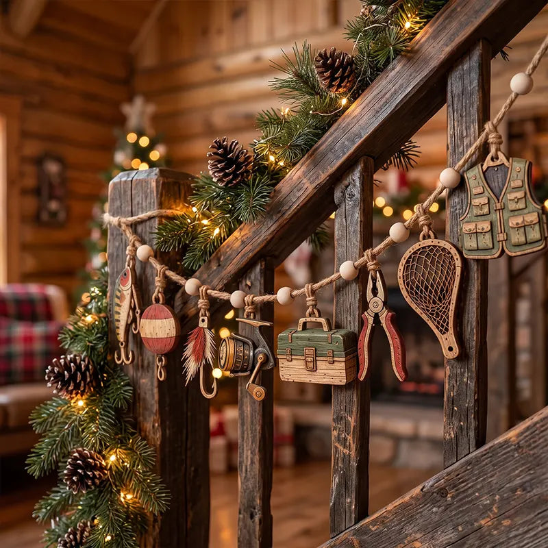 Rustic Fishing Cabin Fireplace Wooden Garland